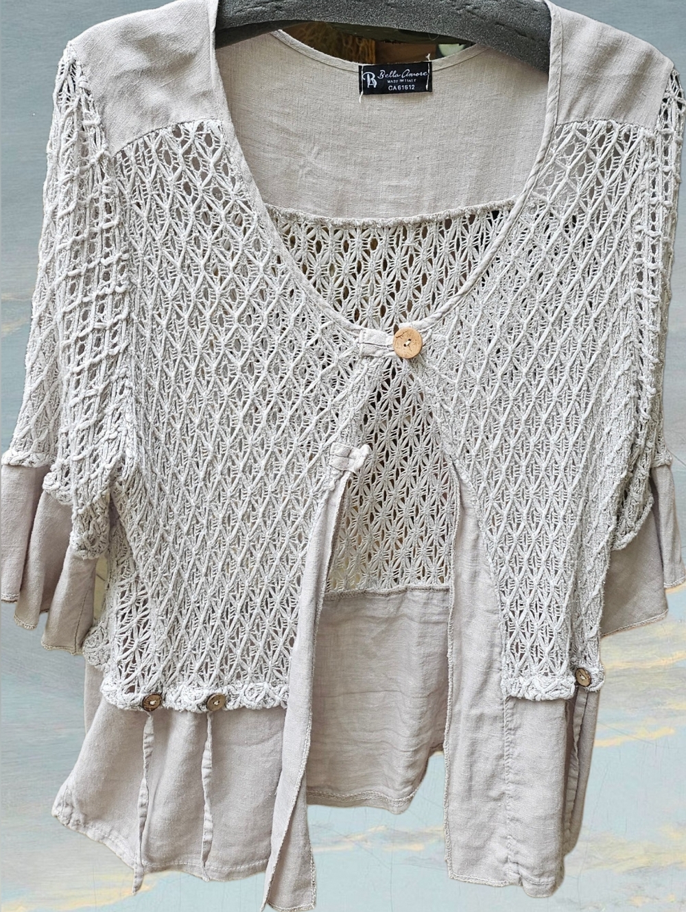Bella Amore Boho Crochet Open-Front Cardigan Gray Linen Jacket Made in Italy